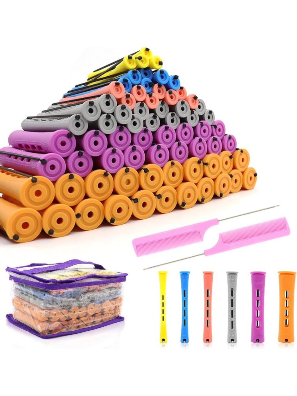 120 Pcs Heatless Hair Perm Rods Set - 6 Sizes Plastic Curlers & Pintail Comb